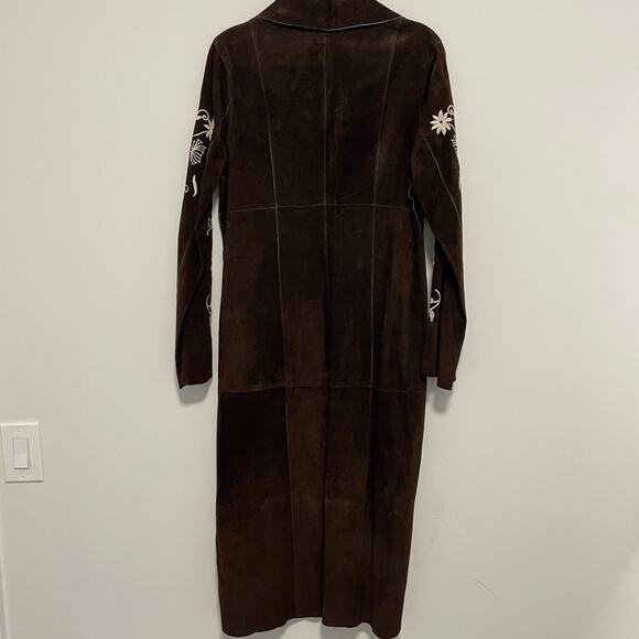 Vintage Arden B Brown Suede Leather Coat Ivory Embroidery Women L (runs small) - Picture 3 of 8